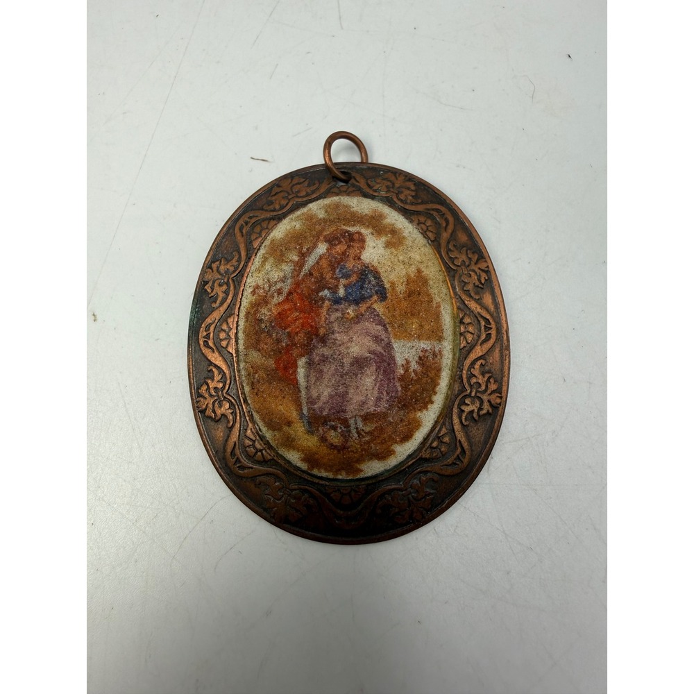 Vintage Genuine Copper Oval Pendant Embossed Floral Pastoral Portrait Couple